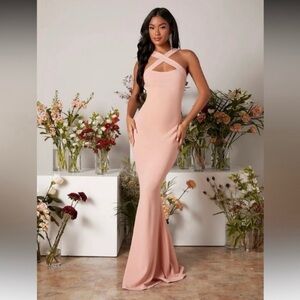 New Baby Pink Crisscross Front Mermaid Hem Maxi Dress, Sz XS